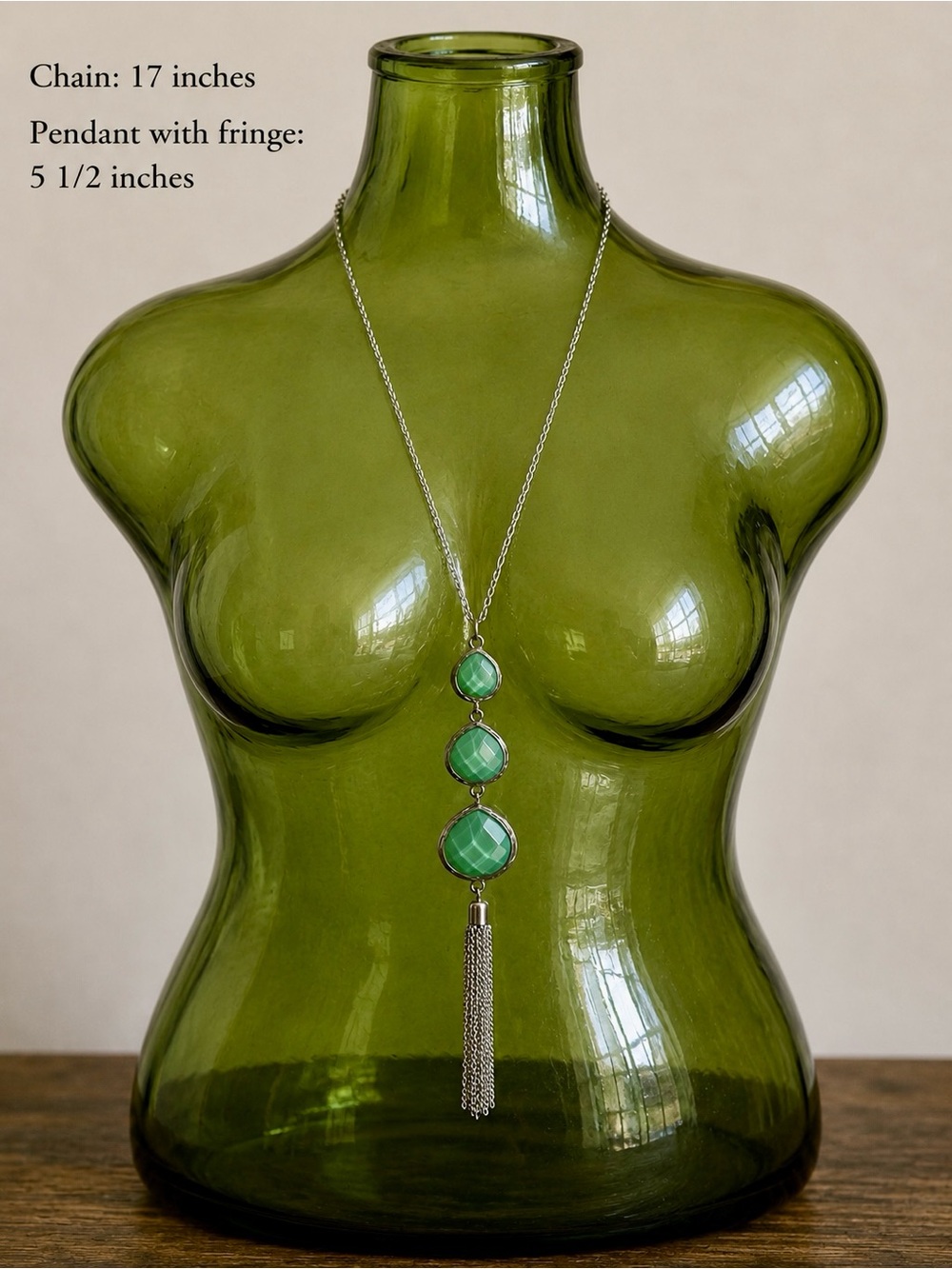 Silver-Tone Necklace with Mint Green Faceted Gemstones and Tassel